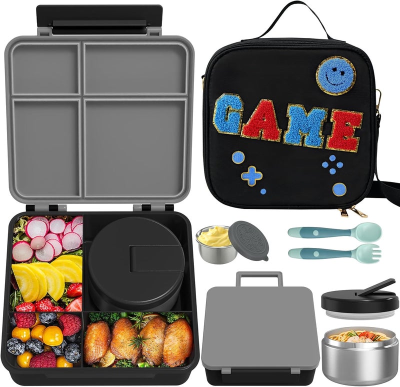 Aimsnk Kids Bento Lunch Box with 8oz Soup Thermo, Kids Leakproof Lunch Food Containers with 4 Compartment,Insulated Hot Food Jar with Lunch Bag for School, Travel (Black) - Image 1